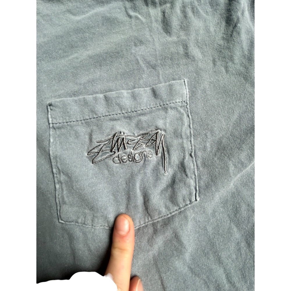 Stussy Designs Light Blue Gray Pocket T Shirt Women Oversized Boxy Fit - Picture 2 of 7